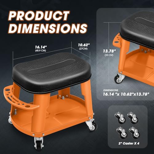 DNA MOTORING Removable Rolling Garage Stool with Seat Cushion & Tool Tray Plate, 300lbs Max Weight Capacity, Orange, TOOLS-00479-OG - color: Orange