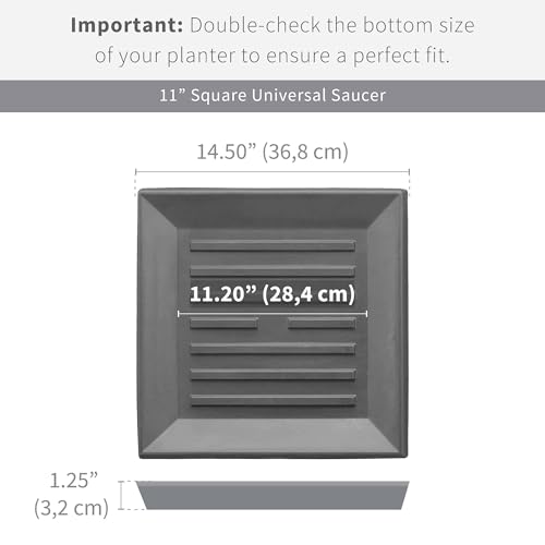 Crescent Garden Universal Square Plant Saucer, Modern UV Safe Durable Drip Tray for Square Planter, Heavy-Duty Plastic Drainage Dish, Indoor/Outdoor Flowerpot Saucer - 11'' inner x 14.5" outer (Black) - color: Caviar Black, size: 11" (Inner)