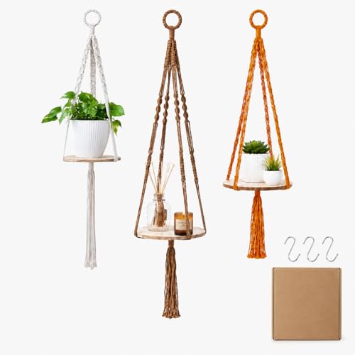 Macrame Hanging Planter with Shelf, Boho Plant Hanger for Indoor Window - color: Beige + Khaki + Orange