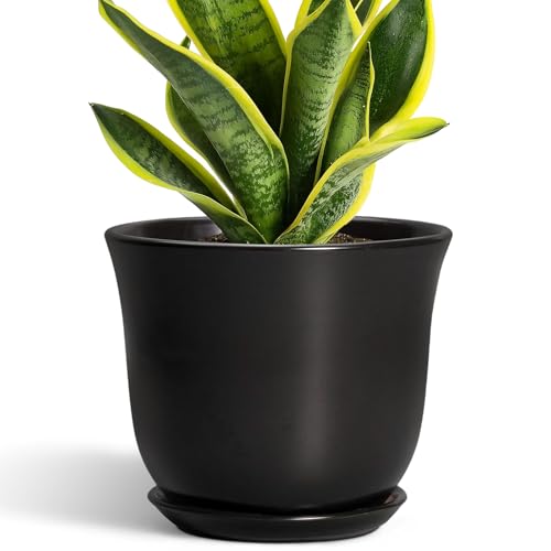 8 Inch Plant Pot, Ceramic Pots for Plants with Drainage, Black - color: Black, size: 8 Inch