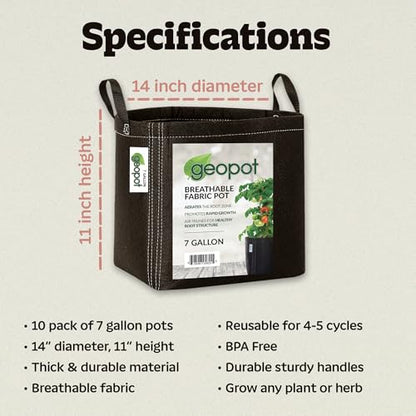 GeoPot 7 Gallon Fabric Grow Bags with Handles - 5-Pack - Black - Indoor/Outdoor - Aerated Fabric Pots for Vegetables, Herbs, Flowers & Houseplants - size: 7 Gallon (5-Pack), style: With Handles