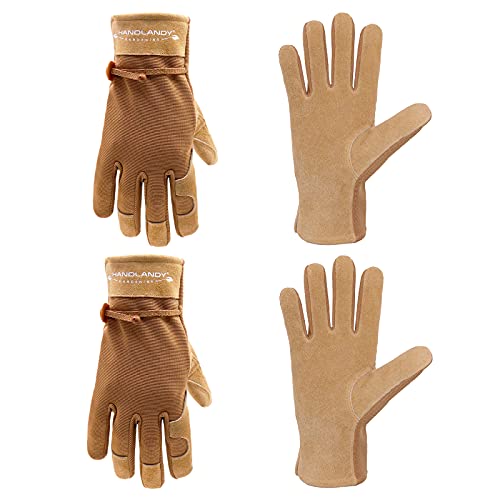 HANDLANDY HLDD Work Gloves for Women and Ladies, Leather Gardening Gloves Flexible Mechanic Working Gloves - color: Brown-2pairs, size: Large (Pack of 2)