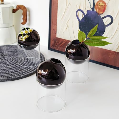 3-Pack Modular Black Glass Vase Set | Minimalist Aesthetics Bud Vase & Desktop Glass Planter with Clear Stand, Small Flower Vase - color: Black*3