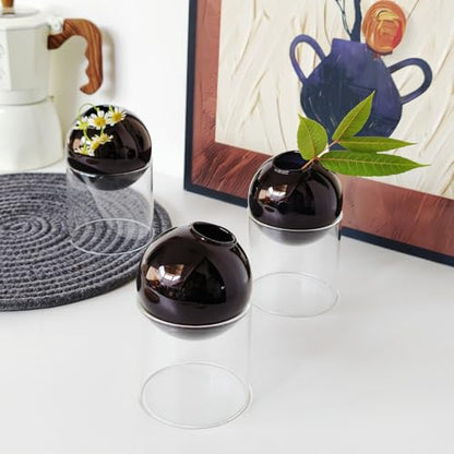 3-Pack Modular Black Glass Vase Set | Minimalist Aesthetics Bud Vase & Desktop Glass Planter with Clear Stand, Small Flower Vase - color: Black*3
