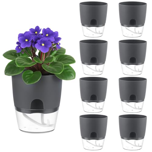 Planterhoma 12 Pack Self Watering Pots for Indoor Plants, 4 Inch Plant Pot Plastic Self Watering Planter for Orchid, African Violet, Small Clear Flower Pots with Drainage Holes and Wicking Rope, Gray - color: Gray, size: 4 In - 12 Packs
