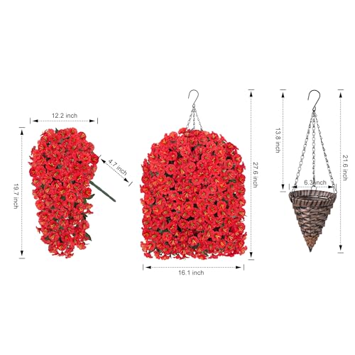 Artificial Fall Fake Red Hanging Flowers Plants Baskets for Outdoor Decoration, 4PCS Faux Silk UV Resistant Look Real Morning Glory Vines for Outside Porch Patio Balcony Garden Yard Home Decor - color: Red Morning Flory