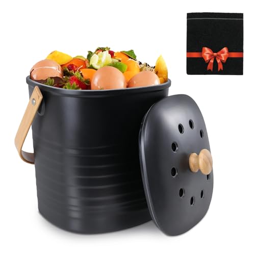 MUMTOP Compost Bin for Kitchen Countertop,1.4 Gal Bamboo Compost Container - color: B-Black