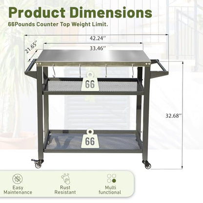 Domi 3-Shelf Outdoor Grill Table, Grill Cart with Wheels, Outdoor Pizza Oven and Food Prep Table, Blackstone with Stainless Steel Tabletop, BBQ Stand for Blackstone Griddle for Outside BBQ - style: Stainless Steel Tabletop+Mesh Shelf