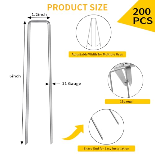 CEWOR 200 Pack Landscape Staples 6 Inch, 11 Gauge Garden Stakes - size: 6 Inch-200 Pack