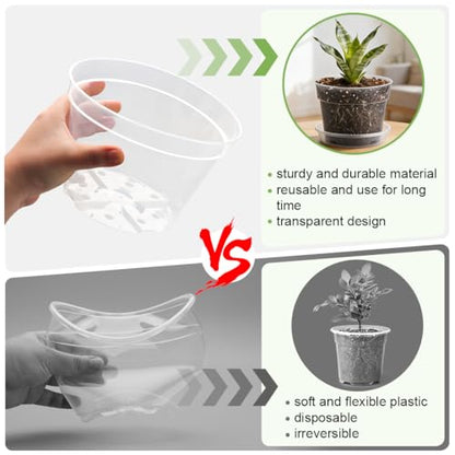 RooTrimmer 15 Pack 8/7/6 Inch Clear Nursery Pots with Saucer, Transparent Plastic Plant Pot with Drainage Hole, Sturdy Planting Starter Pots for Gardening Flower Herb Vegetable - color: Clear, size: Mix 6/7/8 Inch 15 Pack