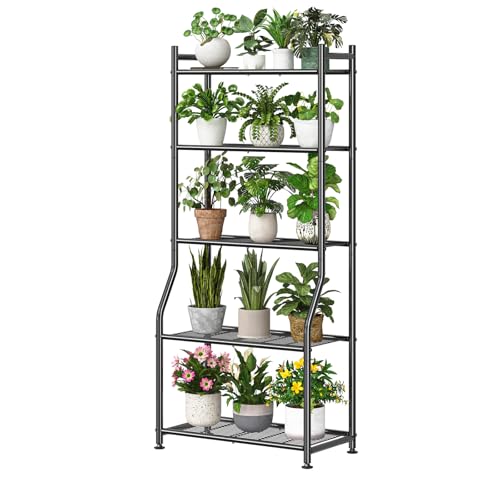 Ekisemio 5-Tier Metal Plant Stand, Heavy Duty Indoor Outdoor Flower Shelf for Multiple Pots, 63.5" Tall Vertical Plant Holder with Adjustable Leveling Feet, Black