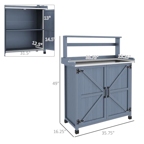 Potting Bench, Outdoor Wooden Potting Table with Storage Cabinet with 2 Shelves, Garden Work Bench with Galvanized Plated Tabletop for Backyard, Balcony, Gray