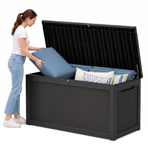 320 Gallon Outdoor Storage Box，Large Resin Waterproof Deck Box，Black New - color: Black New, size: 320 GAL