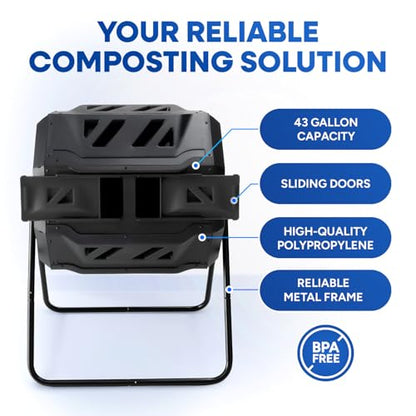 PLASTIC PRINCE Compost Tumbler Rotating Garden Compost Bin Outdoor Dual Chamber 43 Gallon Backyard Composter Tumbling Barrel Mixer Outside, Large, Black - color: Black