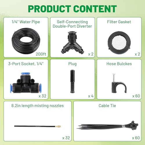 Garden Misting System, 200FT 1/4" Irrigation Tubing with 32 Adjustable Brass Sprinkler Heads, 360° Micro Sprinkler Watering Kit for Raised Beds, Vegetable Garden, Greenhouse & Outdoor Plants - size: 200FT
