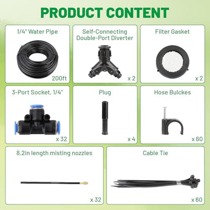 Garden Misting System, 200FT 1/4" Irrigation Tubing with 32 Adjustable Brass Sprinkler Heads, 360° Micro Sprinkler Watering Kit for Raised Beds, Vegetable Garden, Greenhouse & Outdoor Plants - size: 200FT