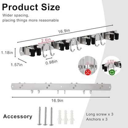 Mop Broom Holder Wall Mount, Silver Stainless Steel Tool Storage Organizer for Kitchen Garden Garage Laundry Room Bathroom and RV with 4 Slots 6 Hooks - color: Silver-1 Pack