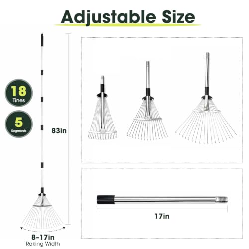 Rake for Leaves 18 Teeth, 8-17" Adjustable Width Metal Rake - size: 8"-17" Wide, 34"-83" Long