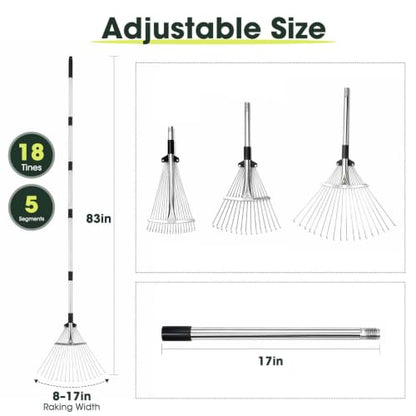 Rake for Leaves 18 Teeth, 8-17" Adjustable Width Metal Rake - size: 8"-17" Wide, 34"-83" Long