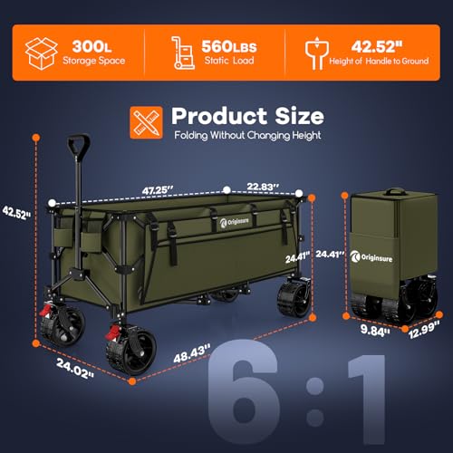 Originsure 300L Collapsible Beach Wagon Cart with Big Wheels, 560lbs, Green - color: Green