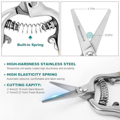 Berry&Bird Straight Pruning Shears with Stainless Steel Blades Garden Hand Pruner 8'' Scissors with Wooden Handle Clippers for Gardening Trimming Cutting Bonsai - style: 8'' Straight Blade Scissors