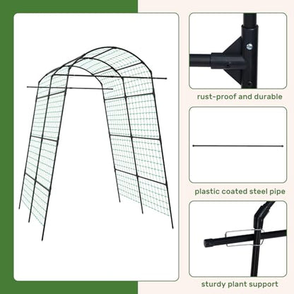 AGTEK 87" H×65" W Metal Garden Arch Trellis with Nylon Netting, 60LBS Load, Adjustable Width for Climbing Plants - size: 65"W x 87"H