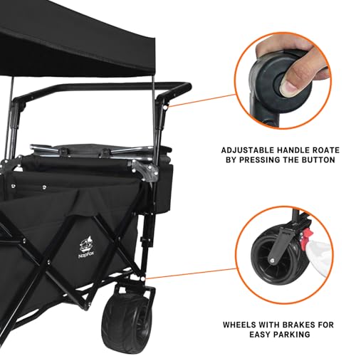 Foldable Wagon with Removable Canopy & Cooler Bag - Heavy Duty Collapsible Wagon Utility Cart with 4" All-Terrain Wheels for Camping, Beach, Garden - color: Black-plus