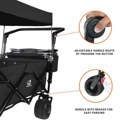 Foldable Wagon with Removable Canopy & Cooler Bag - Heavy Duty Collapsible Wagon Utility Cart with 4" All-Terrain Wheels for Camping, Beach, Garden - color: Black-plus