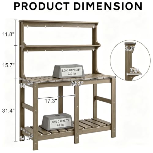 Outdoor Potting Bench with 3 Tier, All-Weather Patio Potting Table with Tool Hooks, HDPE Gardening Table for Backyard, Garden, Brown - color: Brown