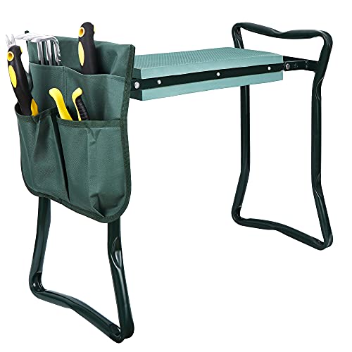 Folding Garden Kneeler Seat Garden Bench Stool with Handles, Multi-use Pouch, Heavy Duty Yard Gardening Chair with Soft Kneeling Pad,Green