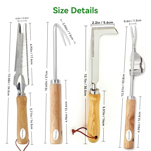 4PCS Garden Weeding Tool Set, Hand Weeder Tools with Wooden Handles, Double Claw Root Hook, V-Shape Weed Puller, Crack Weeder & Stainless Steel Garden Trowel for Digging, Planting & Weed Removal