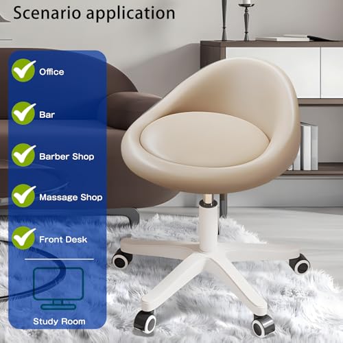 Rolling Stool – Ergonomic Swivel Seat, Adjustable Height, Ultra-Quiet Wheels, Padded PU Leather Cushion, for Salon, Office, Massage & Medical Use Khaki - color: Khaki