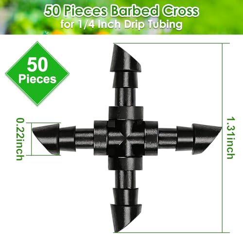 JAYEE Drip Irrigation Cross Fitting 1/4", 50 Pieces Drip System Parts Double Barbed Cross Tee Connectors Fits 1/4 Inch Drip Tubing Irrigation for Drip Line Connection - color: 1/4" Cross-50P