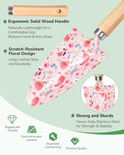 Grenebo Gardening Tools 10-Piece Garden Tool Set with Floral Bag, Pink - color: Pink