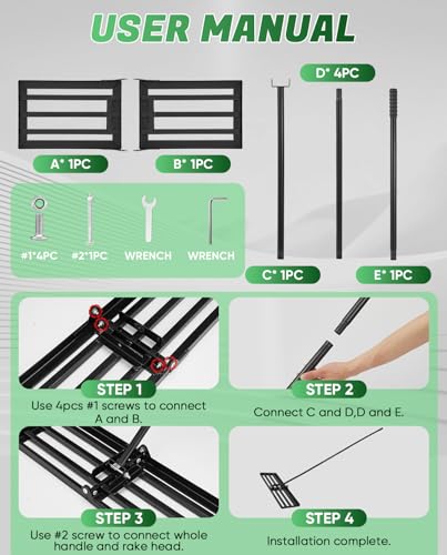Saker Lawn Leveling Rake 25x10 Inch, 73-Inch Heavy Duty Lawn Leveler Tool with Stainless Steel Handle for Lawns, Backyard, Garden, Golf Course, Farm - Black
