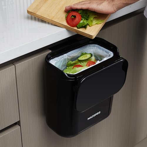 MACOPRO Compost Bin Hanging Trash Can with Lid Under Sink for Kitchen, Food Waste Bin for Countertop with Lid, Mountable Garbage Can for Bathroom, RV, 8L/2.6Gal