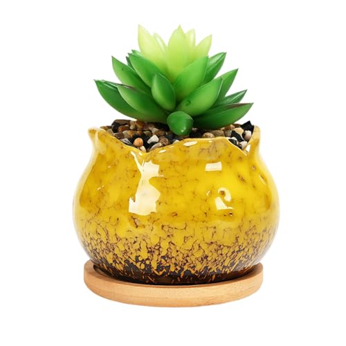 Cute 4" Round Ceramic Home Garden Decoration Succulent Cactus Flower Pots Container -Plant Not Included，Yellow - color: Yellow