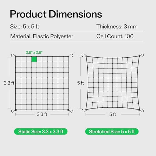 5x5 Ft Heavy Duty Elastic Trellis Netting for Climbing Plants -2-Pack Plant Support Net with 4 Hooks, Durable Polyester Mesh for Grow Tents, Vegetables, Fruits & Flowers (Black) - size: 5x5ft Stretched size-3mm d