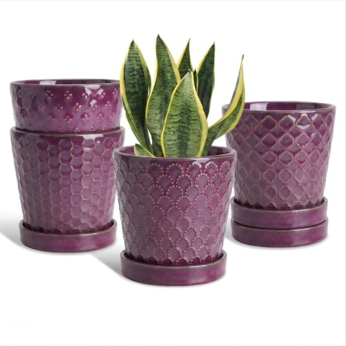 EFISPSS Ceramic Plant Pots, 5 Inch Planters with Drainage Holes and Ceramic Tray, Relief Design Flower Planter, Desktop Office Windowsill Decoration Gift Set of 4 - Plum - color: Plum
