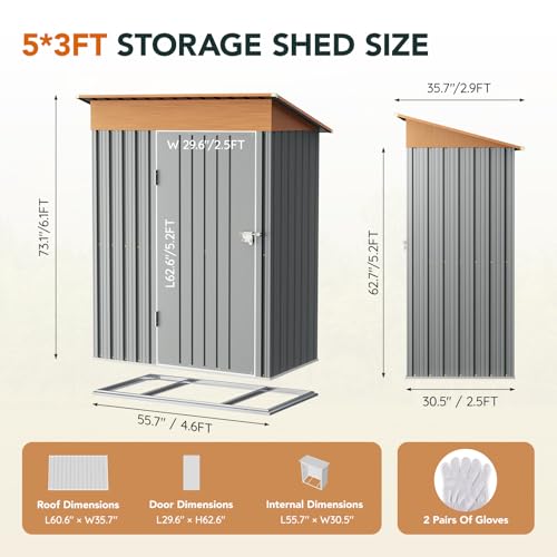 Verdeluxe 5x3FT Outdoor Storage Shed with Floor Frame,Matte Gray - size: 5*3FT(Base Included)