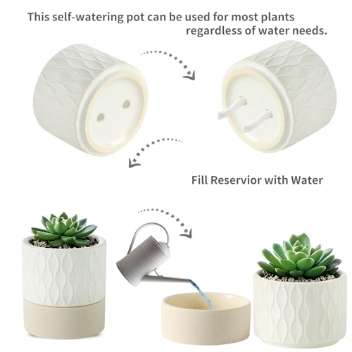 Nihow Ceramic Self Watering Plant Pot for Indoor Plants, 4.5+6 Inch - color: Cream White & Brown Net, size: 4.5"+6" Self Watering