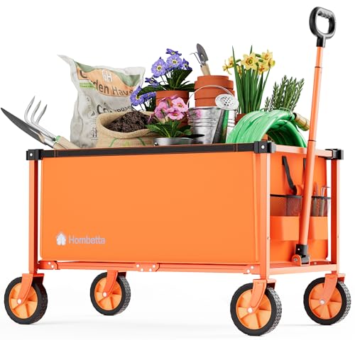 29.3" Collapsible Wagon Cart, 150L Heavy Duty Folding Utility Wagon with Wheels, 260 lbs Load, Portable Rolling Cart for Garden, Shopping, Sports, Camping, Orange - color: Orange, size: 150L