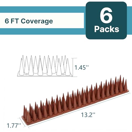 Bird & Animal Deterrent Spikes, 6 Packs Outdoor Plastic Spike Strips for Roof, Ledges, Fence, Walls & Railing, Humane Squirrel, Raccoon & Pigeon Barrier, 6 FT Coverage, Brown - color: Brown, size: 6 FT Coverage