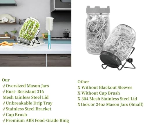 Lulonpon 4 Sprouting Jar Kit, Wide Mouth Quart Mason Jars with Stainless Steel Screen Sprout Lids, 86mm,1000ml,Stand,Tray and Canning Brush,Seed Sprouter Set for Growing Broccoli, Alfalfa, Mung Bean - color: White-NoCover4PTray