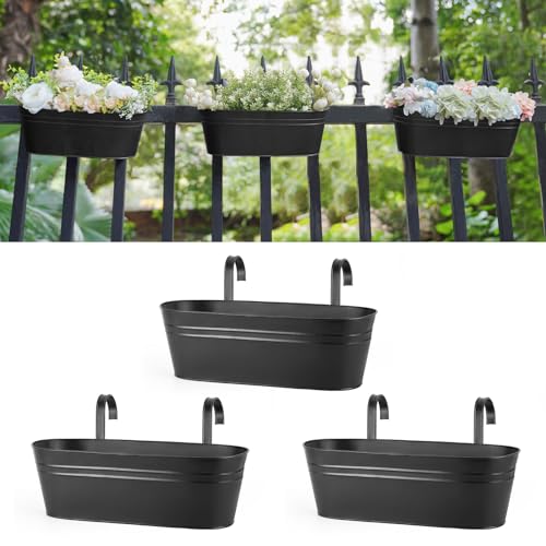 Dahey 15 Inches Railing Planter Box 3 Pcs Metal Hanging Flower Pots, Black - color: Black