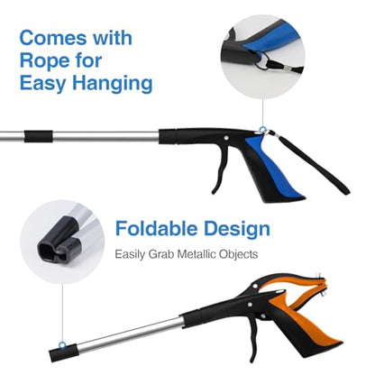Grabber Reacher Tool 2-Pack, 32" Foldable Reacher Grabber Pickup Tool with 90° Rotating Jaw & Magnet, Trash Picker Upper Grabber, Lightweight Grabbers for Seniors Heavy Duty - color: Blue+orange