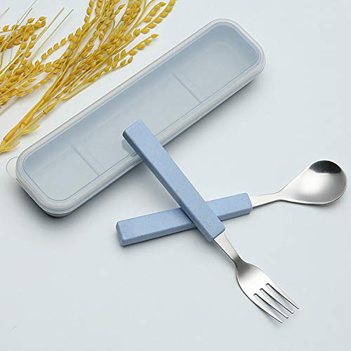 VANRA 2-Piece Children Flatware Set 18/10 Stainless Steel Child Tableware Set Silver Cutlery Set Silverware Dinner Utensils Spoon Fork Set with Travel Case for Kids (Chrome Finished) (Blue) - color: Blue