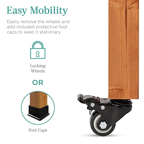 Best Choice Products Mobile Outdoor Table and Storage Cabinet w/Grill Accessory Hooks, 4 Locking Wheels, Stainless Steel Top for Patio Kitchen Island or Bar Cart - Medium Stained Brown