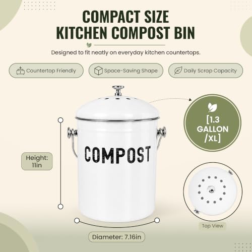 Epica Kitchen Compost Bin for Kitchen Countertops, 1.3 Galllon - White - color: White