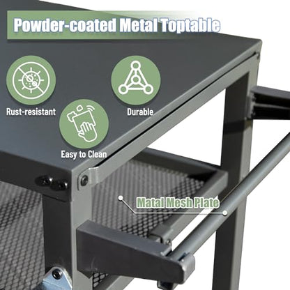 Domi 3-Shelf Outdoor Grill Table, Grill Cart Outdoor with Wheels, Pizza Oven and Food Prep Table, Blackstone with Propane Tank Hook, BBQ Stand for Blackstone Griddle for Outside BBQ - style: Galvanized Steel Tabletop+Mesh Shelf